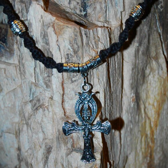 Egyptian Ankh Key of Life Cross on a 24 1/2" Handmade Black Hemp Chain - Picture 1 of 6